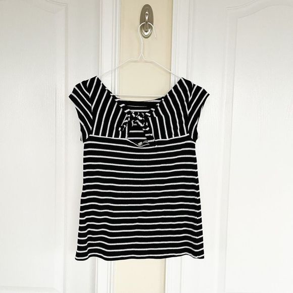 Loft Women's Black Crew Textured Stripes Cap Short Sleeves Top Size XXSP - Picture 5 of 11